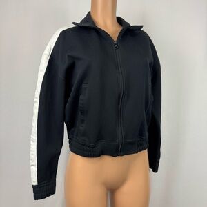 Hollister Women’s XS Black Full Zip Track Jacket White Sleeve Stripes Boxy Fit